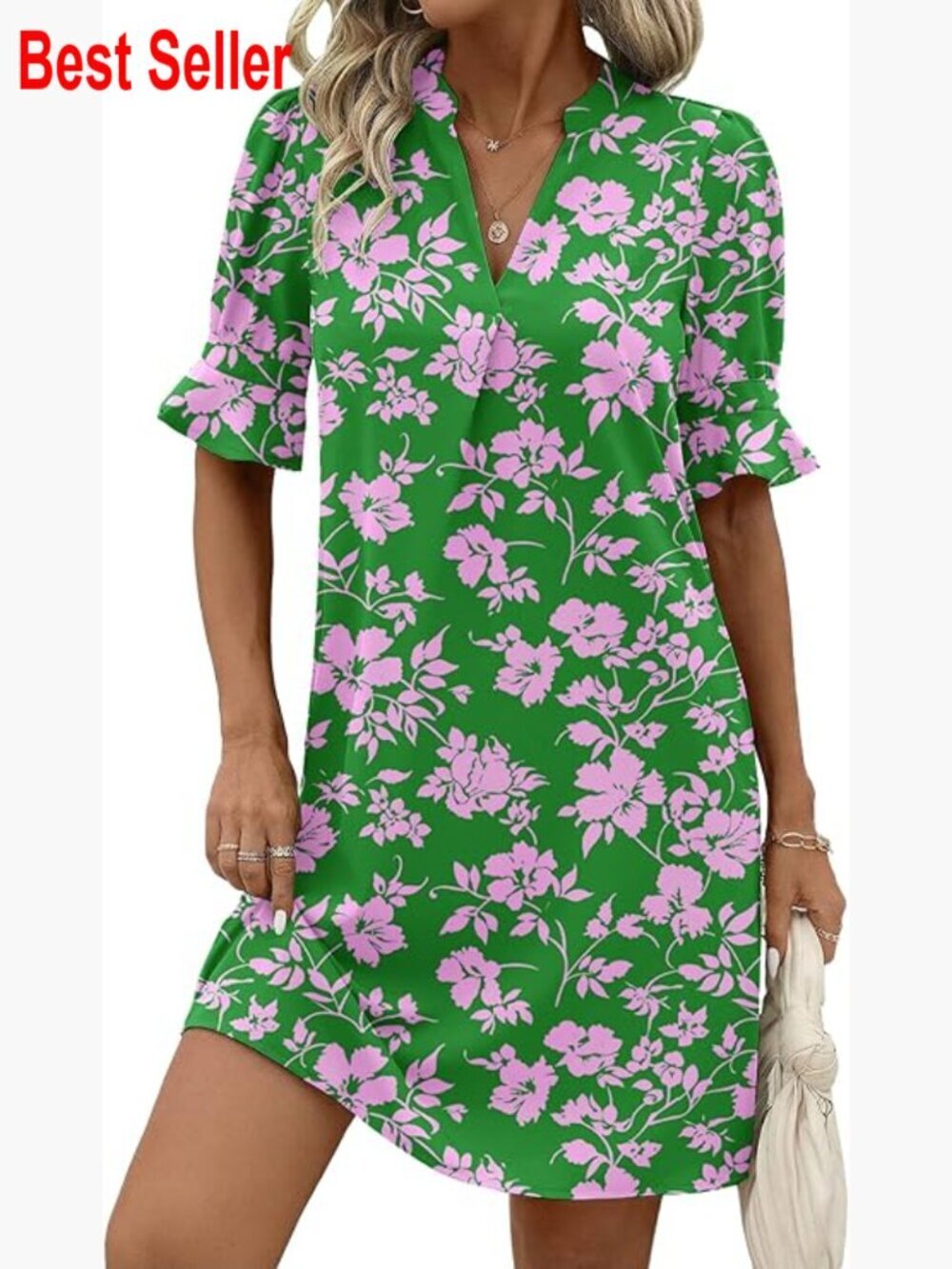 V-Neck Ruffle Sleeve Shift Dress, 100% Polyester, Casual Summer